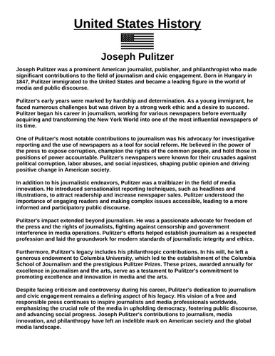 Joseph Pulitzer “Article & Questions” Assignment