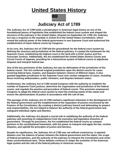 Judiciary Act of 1789 “Article & Questions” Assignment