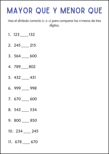 Greater Than Less Than Numbers Worksheets in Spanish - Mayor Que y Menor Que