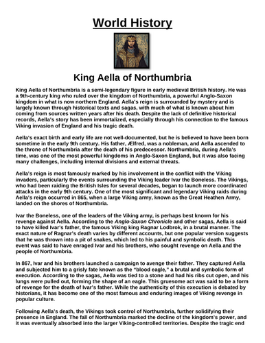 King Aella of Northumbria “Article & Questions” Assignment