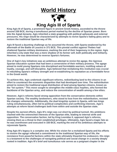 King Agis III of Sparta “Article & Questions” Assignment