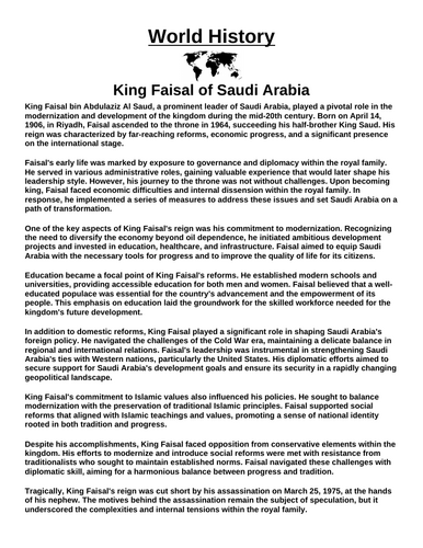 King Faisal of Saudi Arabia “Article & Questions” Assignment