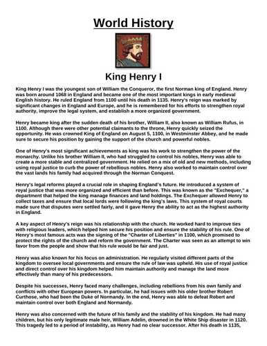 King Henry I “Article & Questions” Assignment