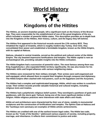 Kingdoms of the Hittites “Article & Questions” Assignment