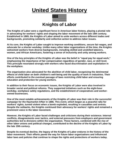 Knights of Labor “Article & Questions” Assignment