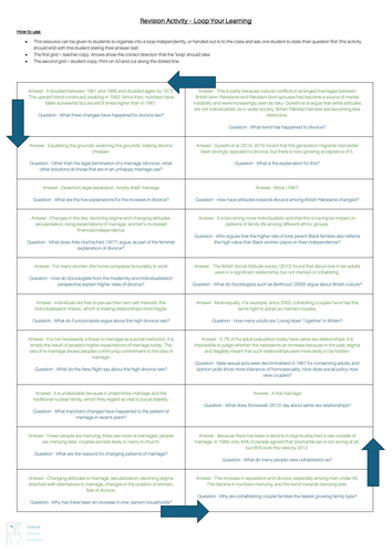 Learning Loop Revision Activity - Changing Family Patterns - Family & Households AQA