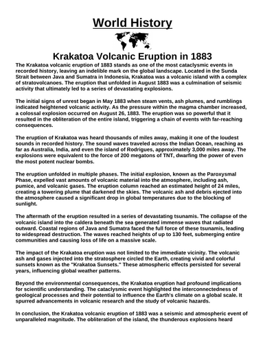 Krakatoa Volcanic Eruption in 1883 “Article & Questions” Assignment