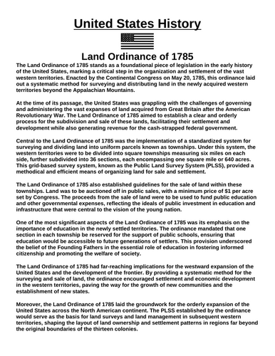 Land Ordinance of 1785 “Article & Questions” Assignment