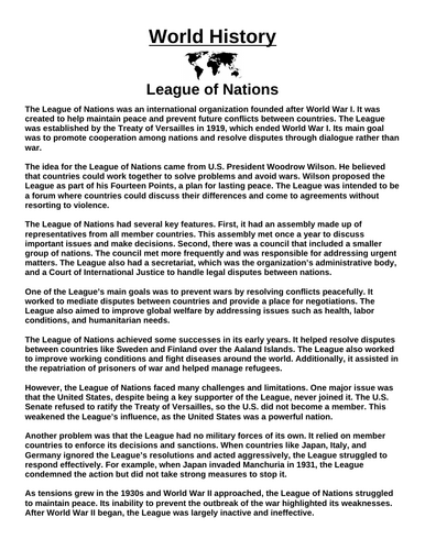 League of Nations “Article & Questions” Assignment