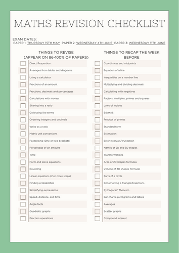 Maths revision checklist