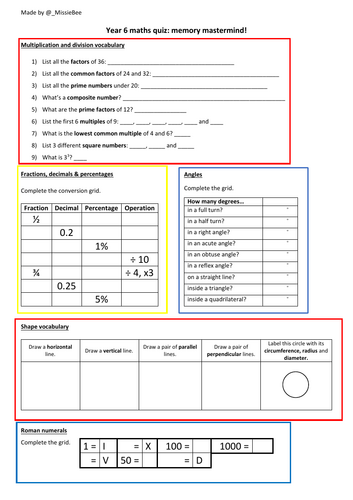UKS2 SATs Maths Knowledge Organiser and Quiz