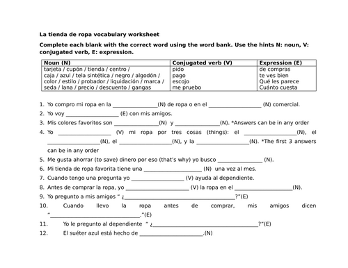 La tienda de ropa vocabulary worksheet