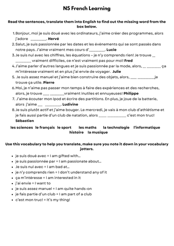 N5 French Learning reading