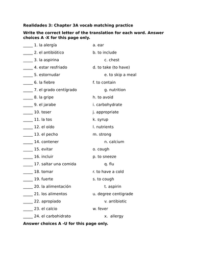 Realidades 3: Chapter 3A vocab matching practice