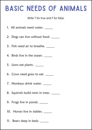 Basic Needs of Animals Worksheet - Taking Care of Animals Activities for Grade 1