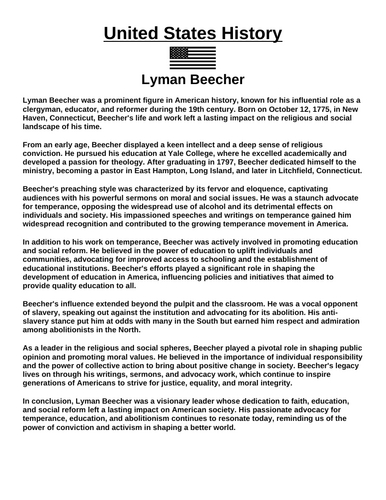 Lyman Beecher  “Article & Questions” Assignment