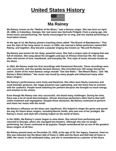 Ma Rainey “Article & Questions” Assignment