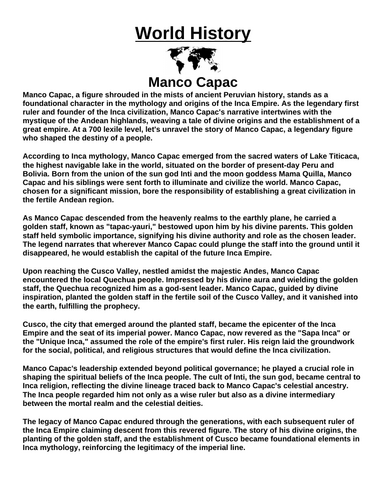 Manco Capac “Article & Questions” Assignment