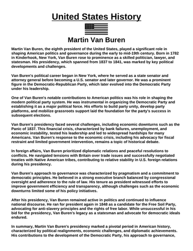 Martin Van Buren “Article & Questions” Assignment