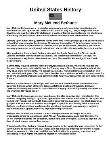 Mary McLeod Bethune Article & Questions” Assignment