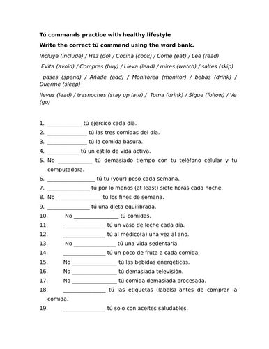 Tú commands practice with healthy lifestyle