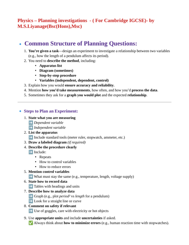 Planning investigations for Cambridge IGCSE - Physics