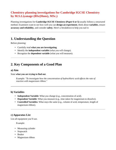 Planning investigations for Cambridge IGCSE chemistry.