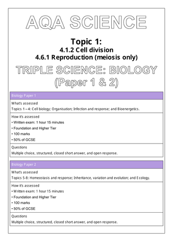AQA Biology exam questions booklet Paper 1