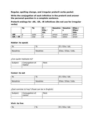 Regular, spelling change, and irregular preterit verbs packet