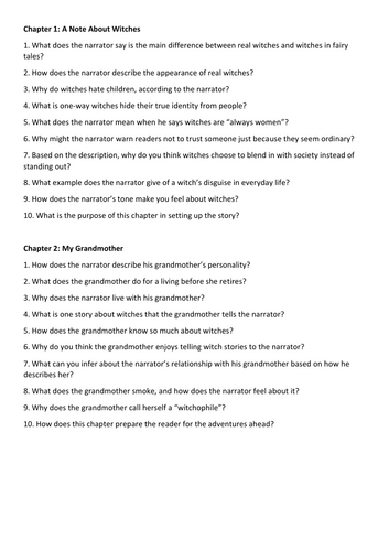 Roald Dahl - The Witches questions for each chapter