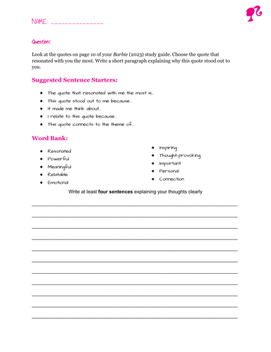 Barbie (2023) Quote Reflection Handout