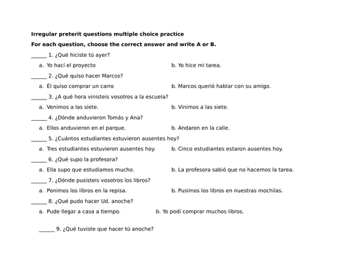 Irregular preterit questions multiple choice practice
