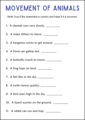 Printable Movements of Animals Activity Worksheets for Grade 1, 2, 3