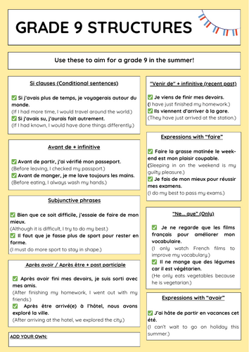 Grade 9 structures - French GCSE