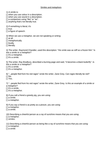KS2 KS3 Similes and Metaphors Multiple Choice quiz hw starter revision cover