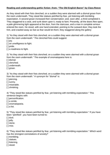 Gothic fiction HW Starter Guided Diagnostic Comprehension Multi Choice Quiz "Old English Baron"