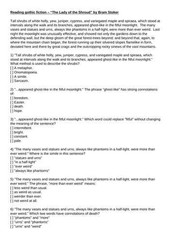 Reading gothic fiction "The Lady of the Shroud" Bram Stoker HW Diagnostic Guided Reading Quiz