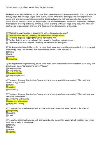 "White Fang" HW Starter Guided Diagnostic Comprehension Fluency Multiple Choice Quiz