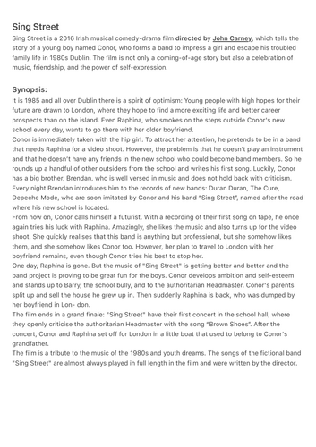 Sing Street Study Guide