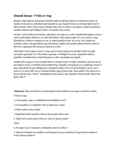 Chwedl Aesop Y Fran a'r Jwg_ Adnodd Dysgu: Stori a Chwestiynau: BLWYDDYN 3