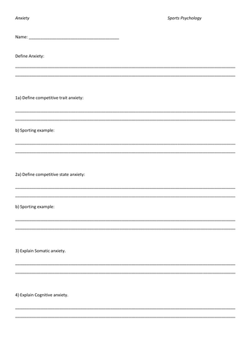 AQA A Level PE - Sports Psychology - Anxiety worksheet