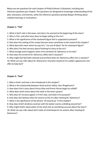 Philip Pullman's Clockwork questions per chapter