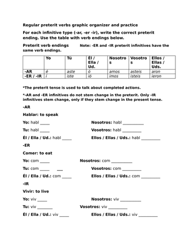 Regular preterit verbs graphic organizer and practice