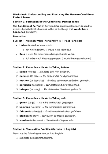 German A level conditional perfect worksheet with verb revision in other tenses and range of A level