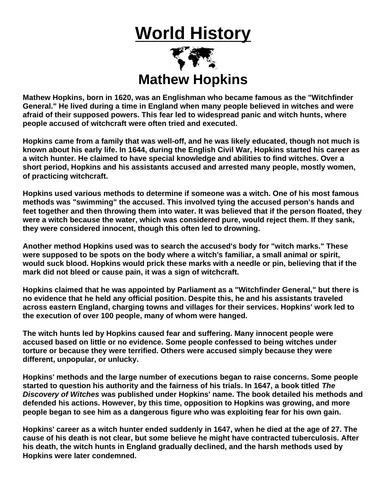 Mathew Hopkins “Article & Questions” Assignment