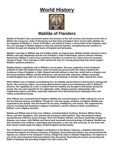 Matilda of Flanders “Article & Questions” Assignment
