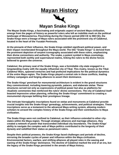 Mayan Snake Kings “Article & Questions” Assignment