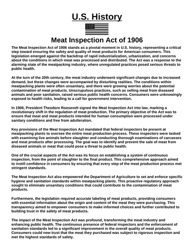 Meat Inspection Act of 1906 “Article & Questions” Assignment