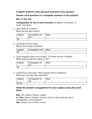 Irregular preterit verbs personal questions easy practice