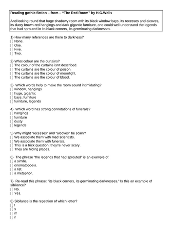 Gothic fiction - "The Red Room" HW Cover Starter Multi Choice Quiz Diagnostic Guided